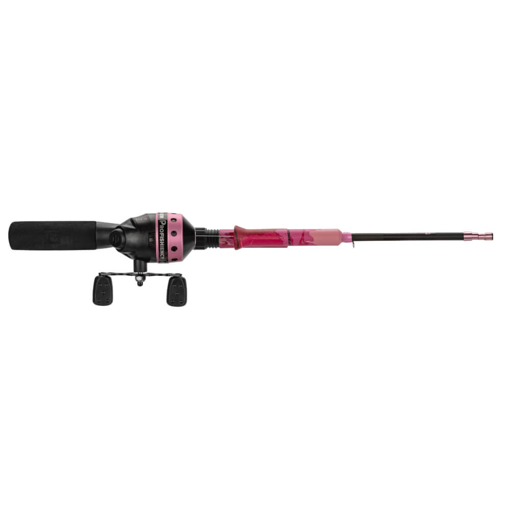 Profishiency pink pocket rod and reel combo with black foam grip