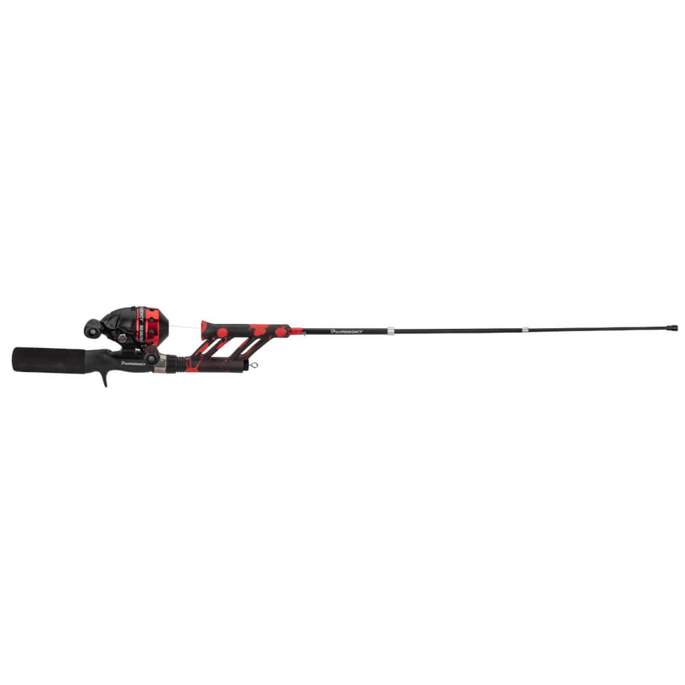 Profishiency pocket caster rod with closed-face reel in red and black, shown extended