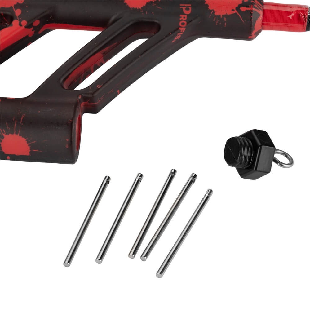 Red splatter Profishiency pocket rod combo with six steel pins and hex plug with eyelet