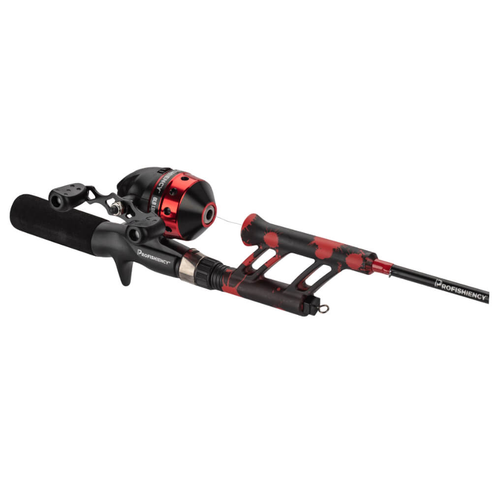 PROFISHIENCY red splatter pocket fishing combo with spincast reel and foam handle