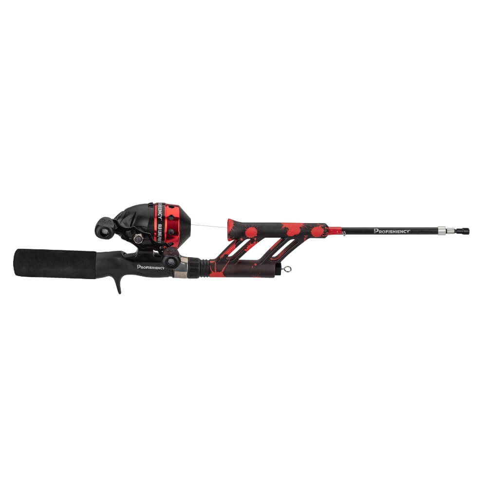 Profishiency pocket caster combo: compact red-splatter rod with closed-face reel, handle retracted