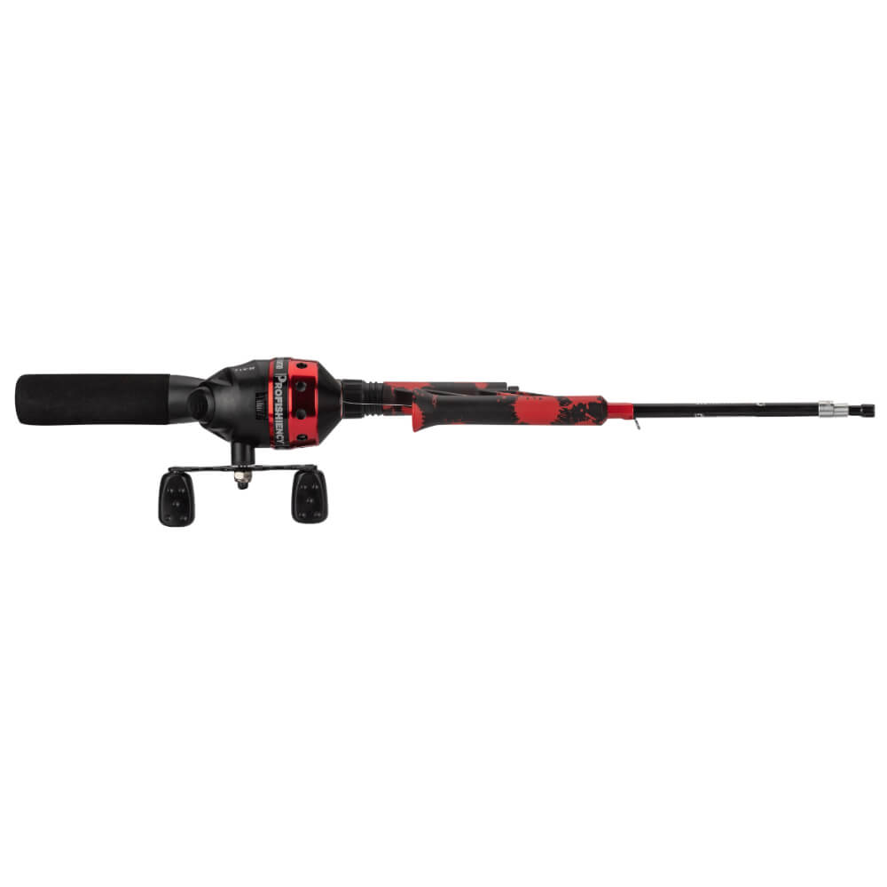 Profishiency pocket fishing rod combo with closed-face reel, black handle and red splatter finish; Profishiency logo on reel