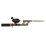 Side view of Profishiency RETRO Pocket Combo telescopic camo spincast rod and reel, retracts to 18 inch for storage, transparent background