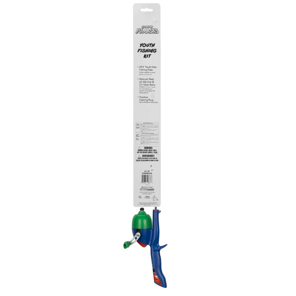 PJ MASKS YOUTH FISHING KIT packaging with blue spincast reel and handle.