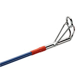Fishing rod tip-top guide with chrome double-foot guide, blue blank and red thread wrapping
