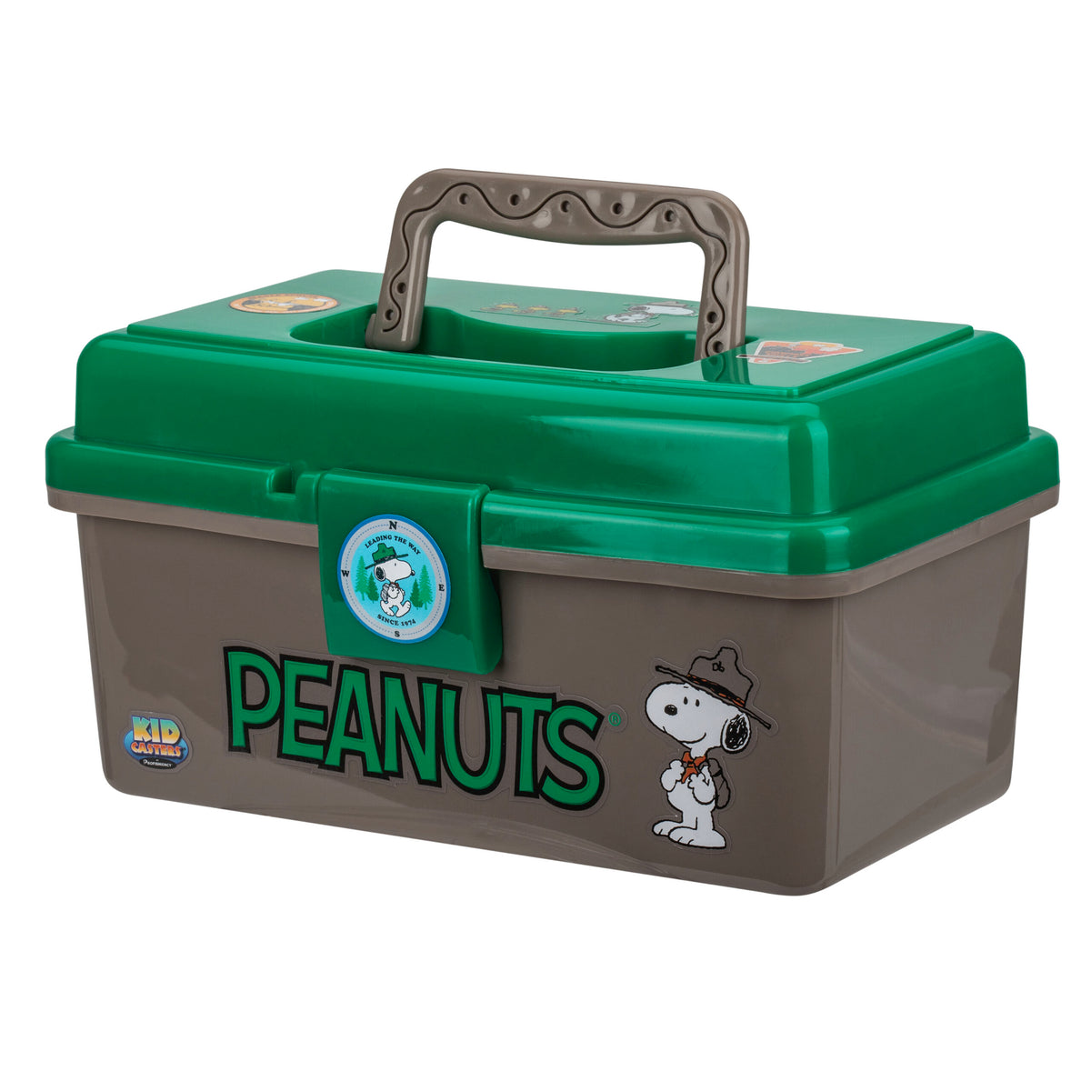 Front view of Profishiency Peanuts play box with green lid, brown base, molded handle, front latch, and Snoopy graphic on white background