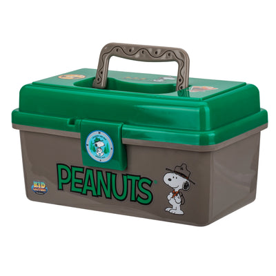 Front view of Peanuts-themed kid tackle box with green lid, brown base, PEANUTS logo and Snoopy graphic