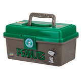 Front view of Profishiency Peanuts play box with green lid, brown base, molded handle, front latch, and Snoopy graphic on white background