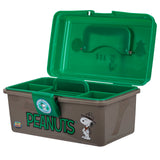 Three-quarter front view of Peanuts tackle box with open green lid, removable tray, divided compartments and Snoopy graphic