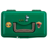 Top view of green Peanuts Beagle Scouts youth play tackle box showing brown handle, Snoopy and Woodstock decals, and scout patches on white background
