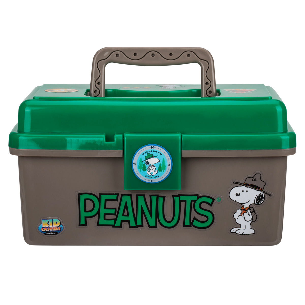 Front view of Peanuts-themed kid tackle box with green lid, brown base, PEANUTS logo and Snoopy graphic