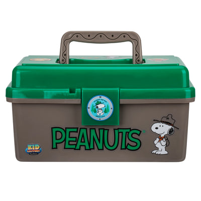 Front view of Peanuts-themed kid tackle box with green lid, brown base, PEANUTS logo and Snoopy graphic