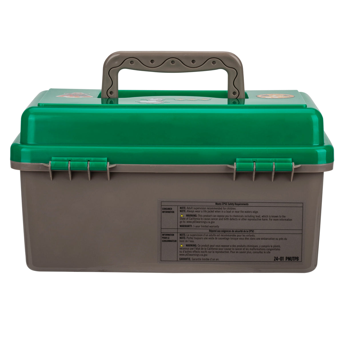 Front view of Peanuts youth tackle box with green lid, gray base, handle and two latches on white background