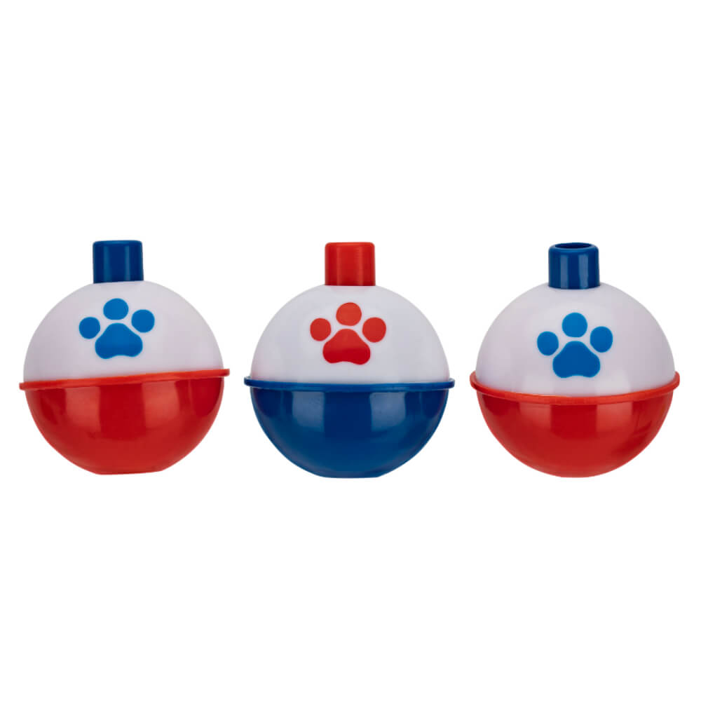 Three Paw Patrol fishing bobbers with red and blue halves and paw-print icons.