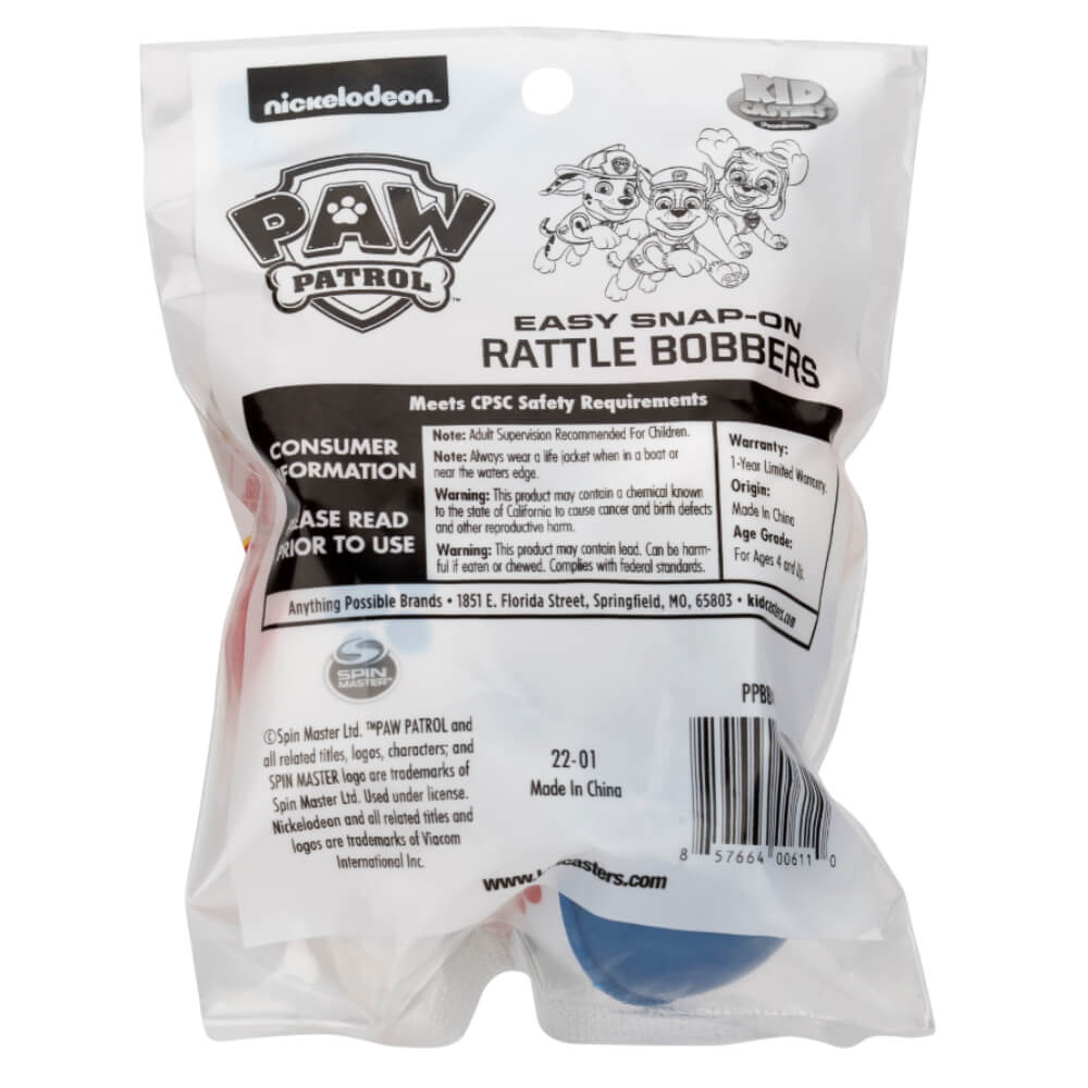 Paw Patrol rattle bobbers packaging back with safety warnings, consumer info, barcode, Nickelodeon and Spin Master logos