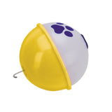 Paw Patrol child's fishing bobber, white half with purple paw print, yellow half, small metal crimped hook