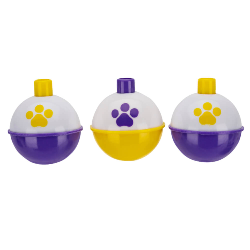 Three yellow-and-purple round fishing bobbers with paw-print decals (child-sized)