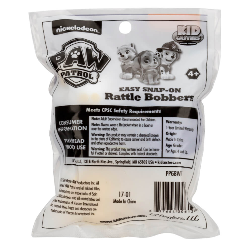 Back of Kid Casters Paw Patrol rattle bobbers package showing logo, product name, safety info and barcode