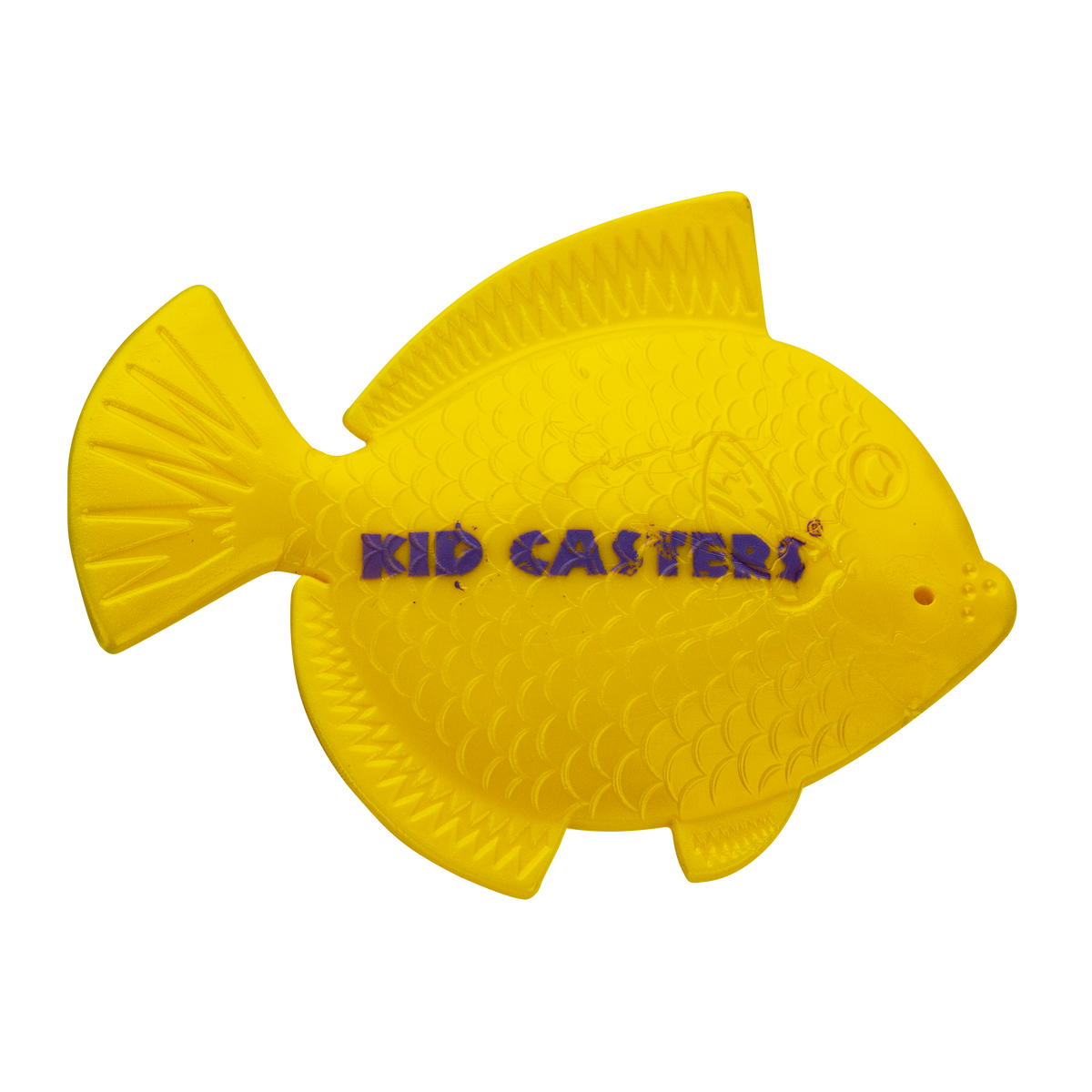 Top-down view of yellow fish-shaped practice casting plug showing molded scales and purple 'KID CASTERS' text on black background