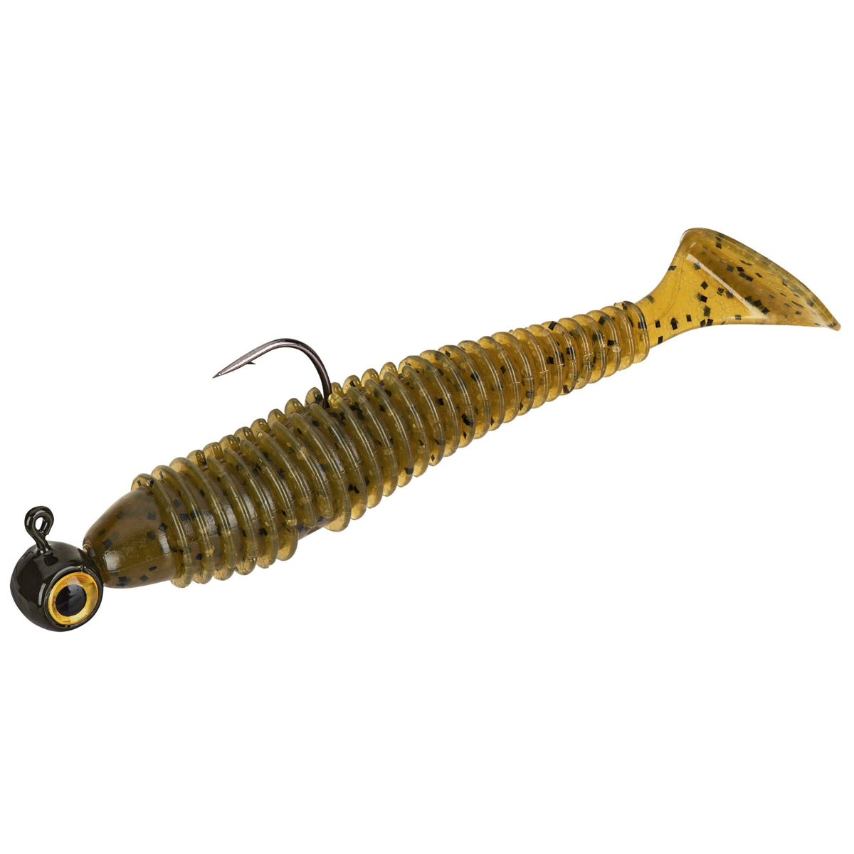 Green pumpkin ribbed soft swimbait with jig head, hook and paddle tail
