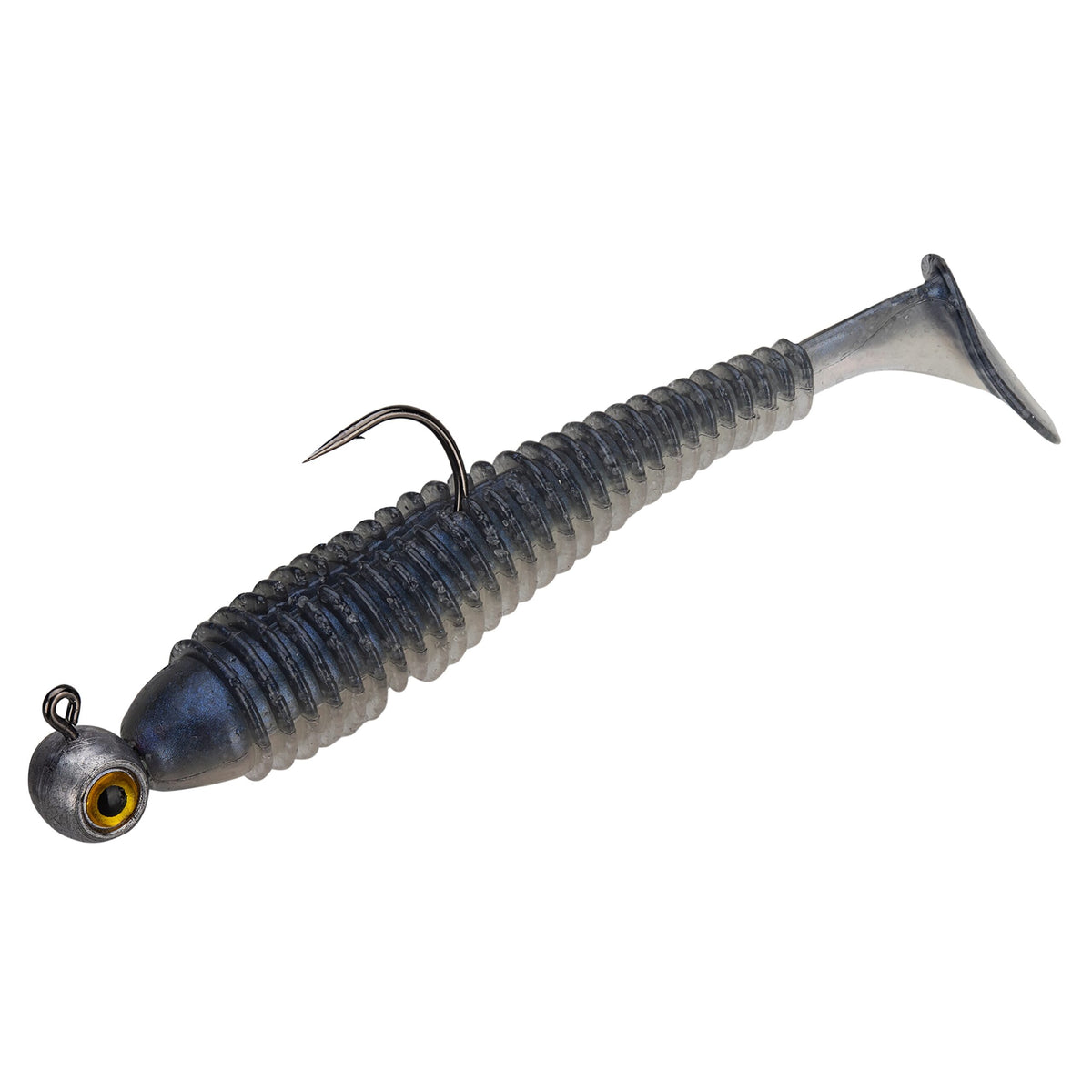 Gray-blue ribbed soft swimbait with paddle tail, mounted on a jighead with yellow eye and an exposed hook.