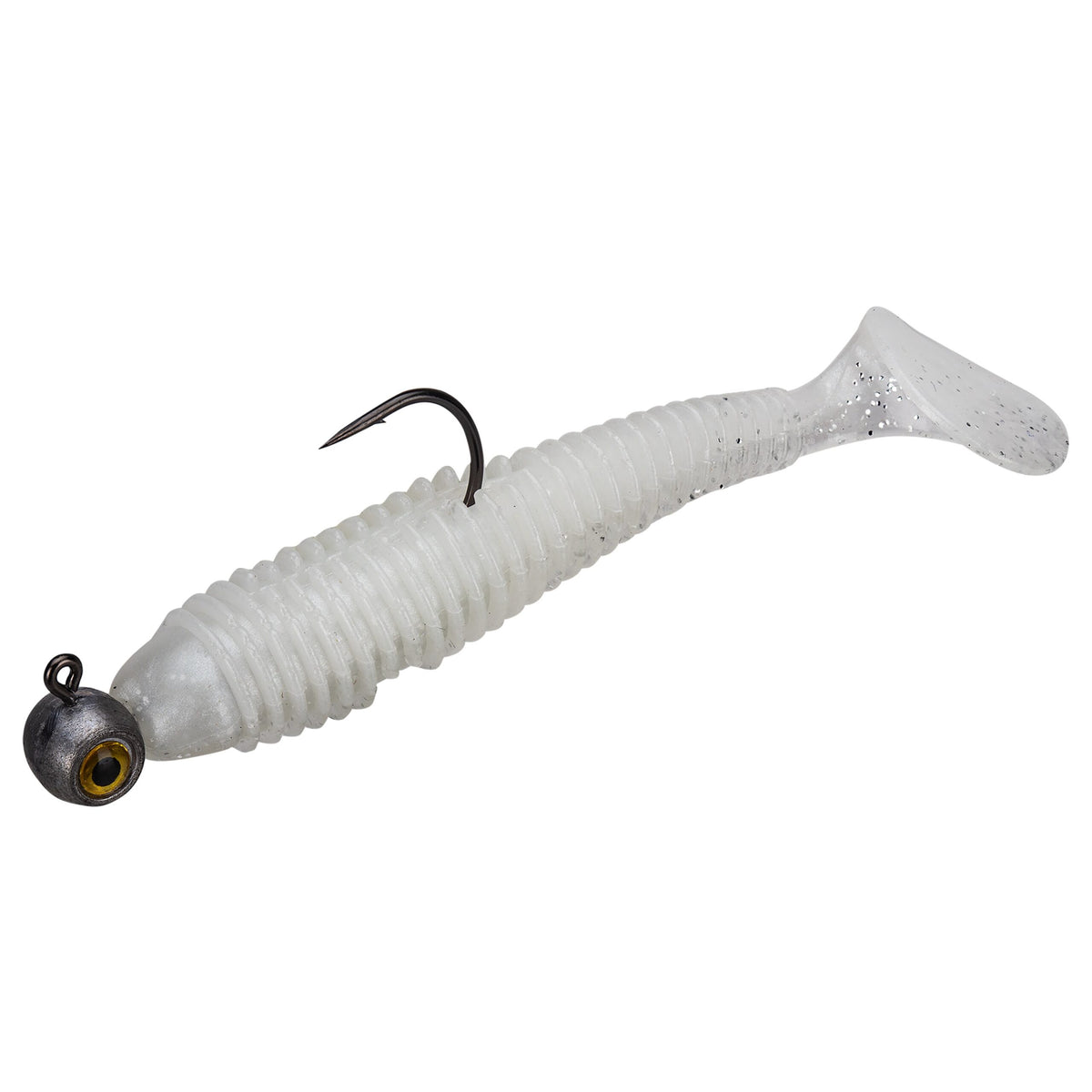 White-flash soft swimbait with ribbed body and paddle tail, rigged on a round jig head with exposed hook.
