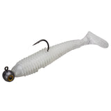 White-flash soft swimbait with ribbed body and paddle tail, rigged on a round jig head with exposed hook.