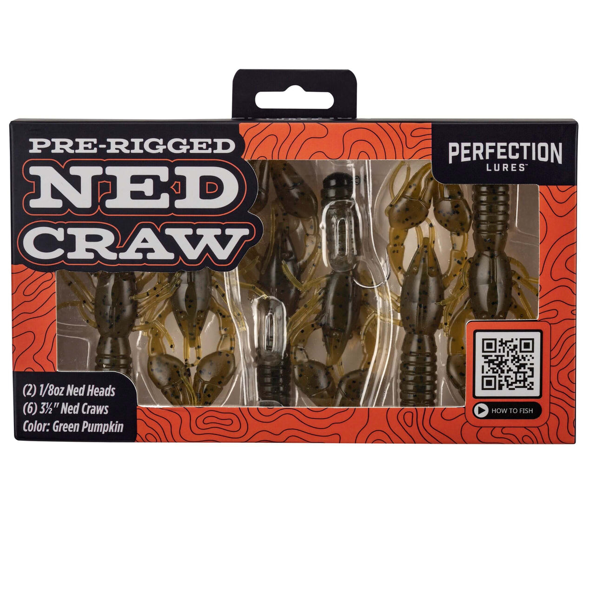 Perfection Lures Pre-Rigged Ned Craw kit showing two 1/8 oz heads and six 3.5-inch green pumpkin craw lures through window