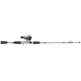 Profishiency spincast rod and reel, blue marble finish with white trigger-style handle, side view
