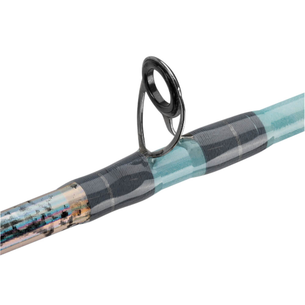 Spinning rod guide with teal and holographic wrapped blank, close-up of guide foot and thread wraps