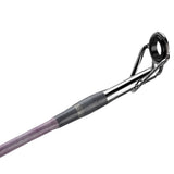 Spincast fishing rod tip with chrome guide and grey-and-purple thread wrapping