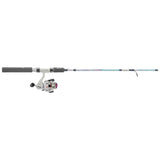 Spinning rod with white reel, gray foam handle and pastel turquoise-pink patterned blank