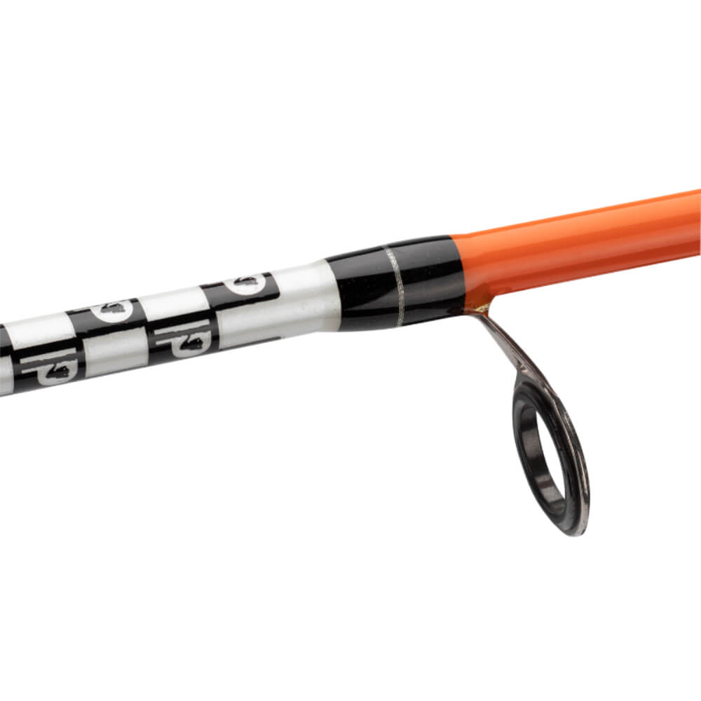 Orange spinning-rod tip showing metal guide and black-and-white wrap markings