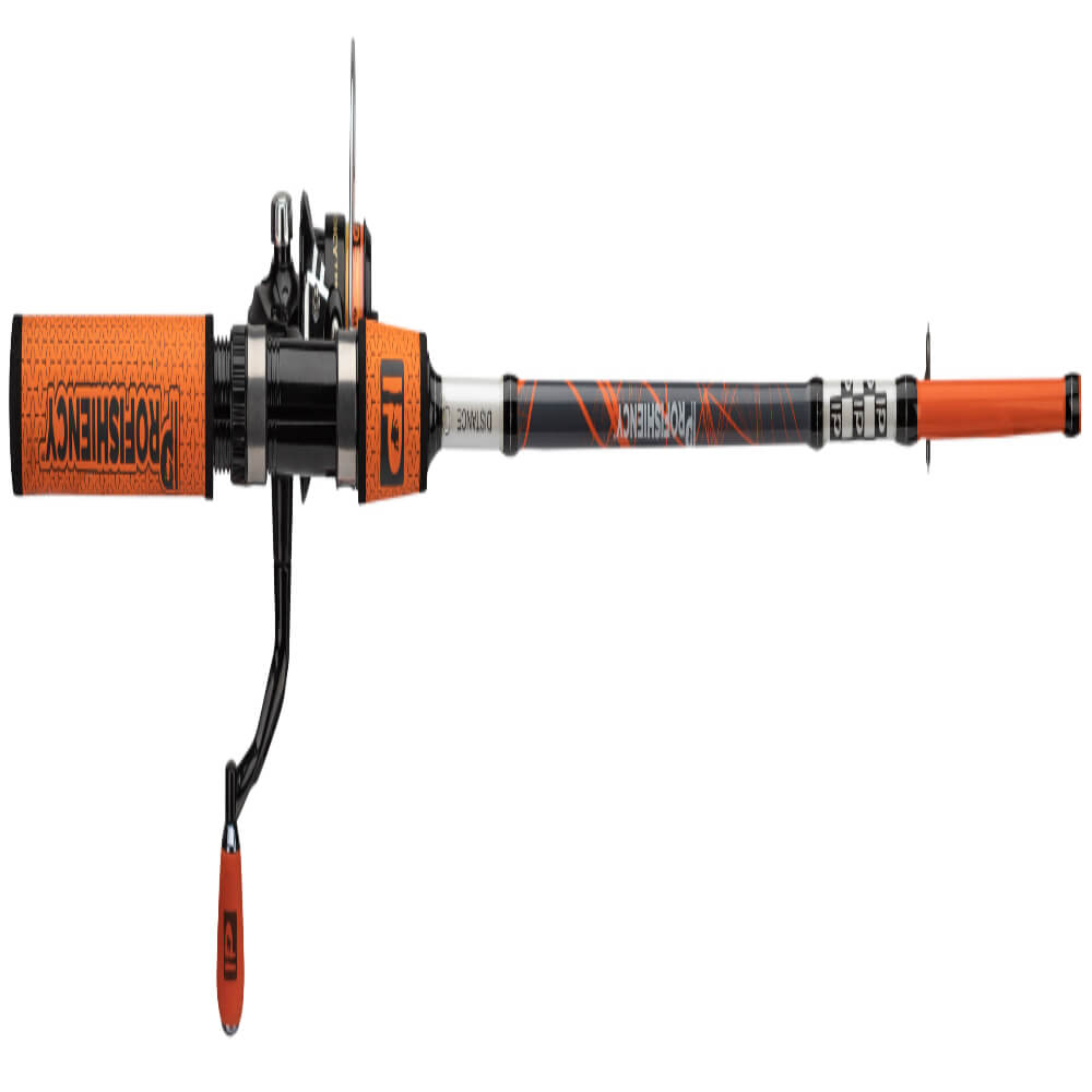 Orange Profishiency spin fishing rod and reel with foam grip; visible labels 'PROFISHIENCY' and 'DISTANCE'.