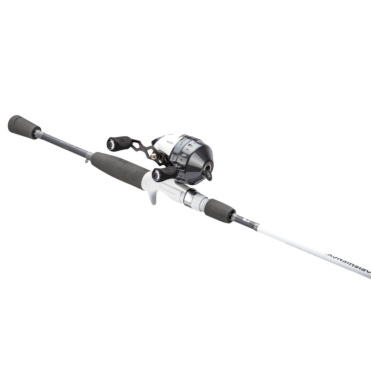Angled view of Profishiency grey and white spincast rod and reel combo showcasing EVA foam grips and spincast reel on white background