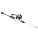 Angled view of Profishiency grey and white spincast rod and reel combo showcasing EVA foam grips and spincast reel on white background