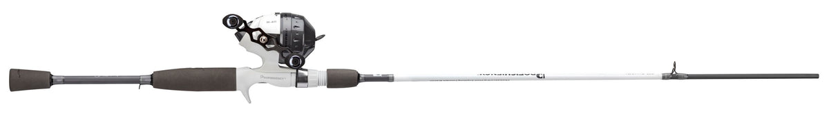 Side view of Profishiency grey and white spincast rod and reel combo showcasing EVA handle and pre-spooled spincast reel with white background