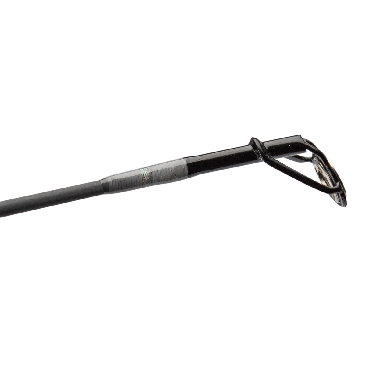 Close-up of Profishiency Grey/White spincast combo rod tip showcasing guide ring and thread wraps on black background