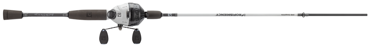 Side view of Profishiency Grey/White spincast rod and reel with EVA handle and Profishiency logo on white background