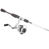 Angled view of Profishiency 6 ft 3 in grey and white spinning rod and reel showcasing white spinning reel and grey EVA handles on white background