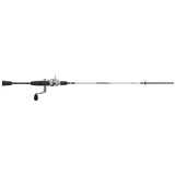 Side view of Profishiency 6 foot 3 inch grey and white spinning rod and reel combo with EVA handle on white background