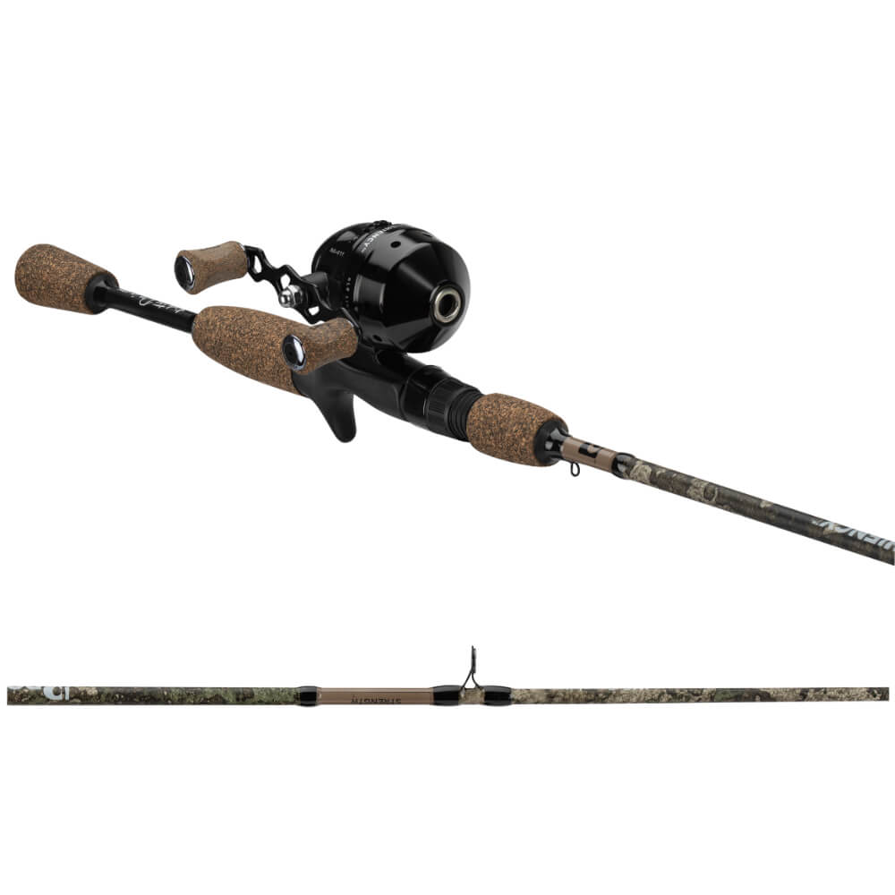 TrueTimber camo spincast rod with round reel and cork grips