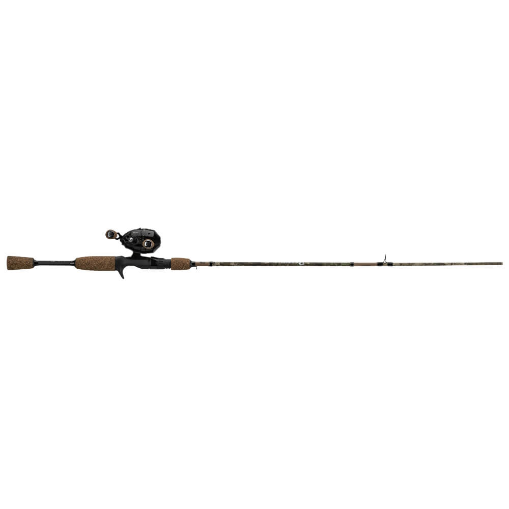 Spincast fishing rod and reel, side view; cork-style handle and camouflage blank