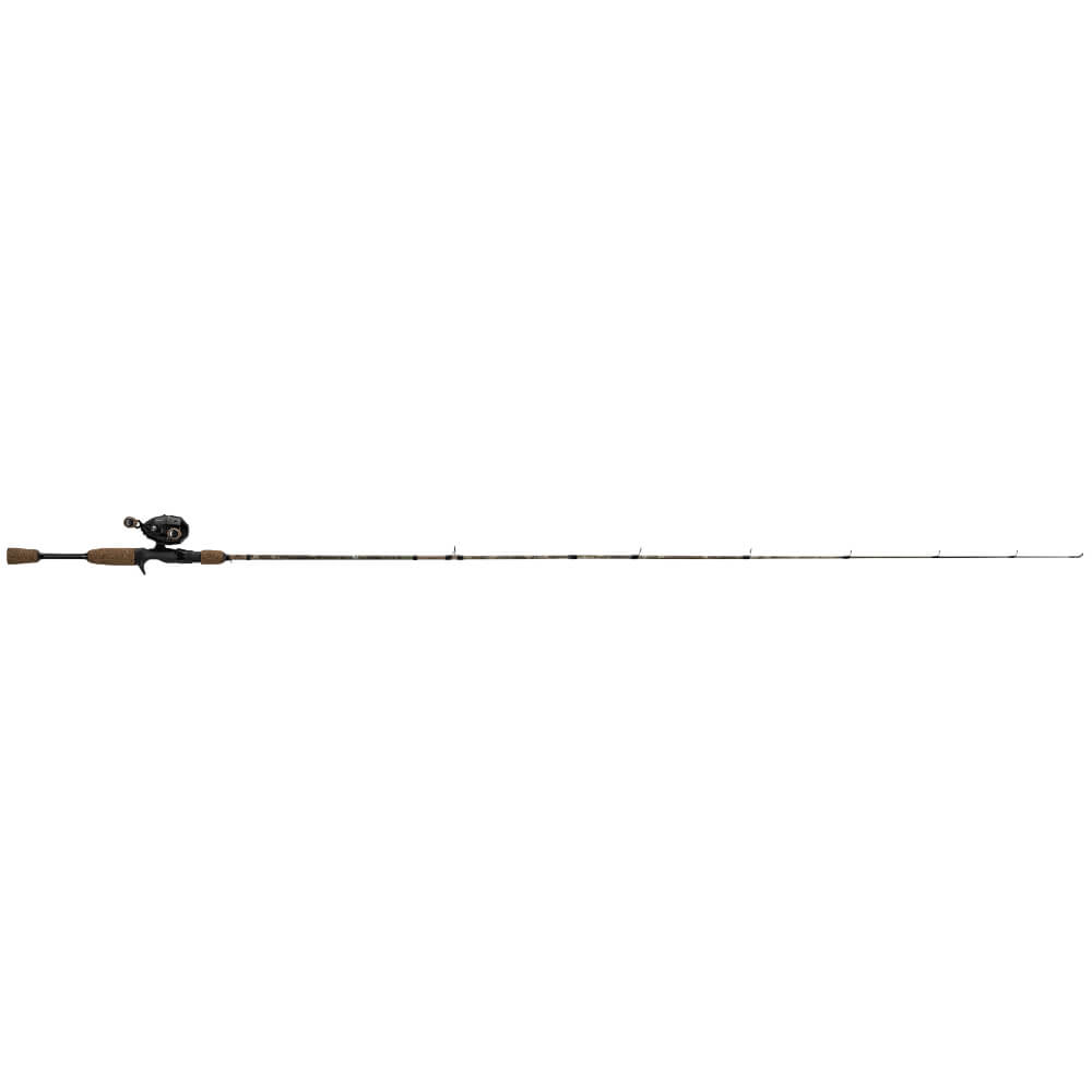 Truetimber spincast fishing rod and reel, full side view with cork handle