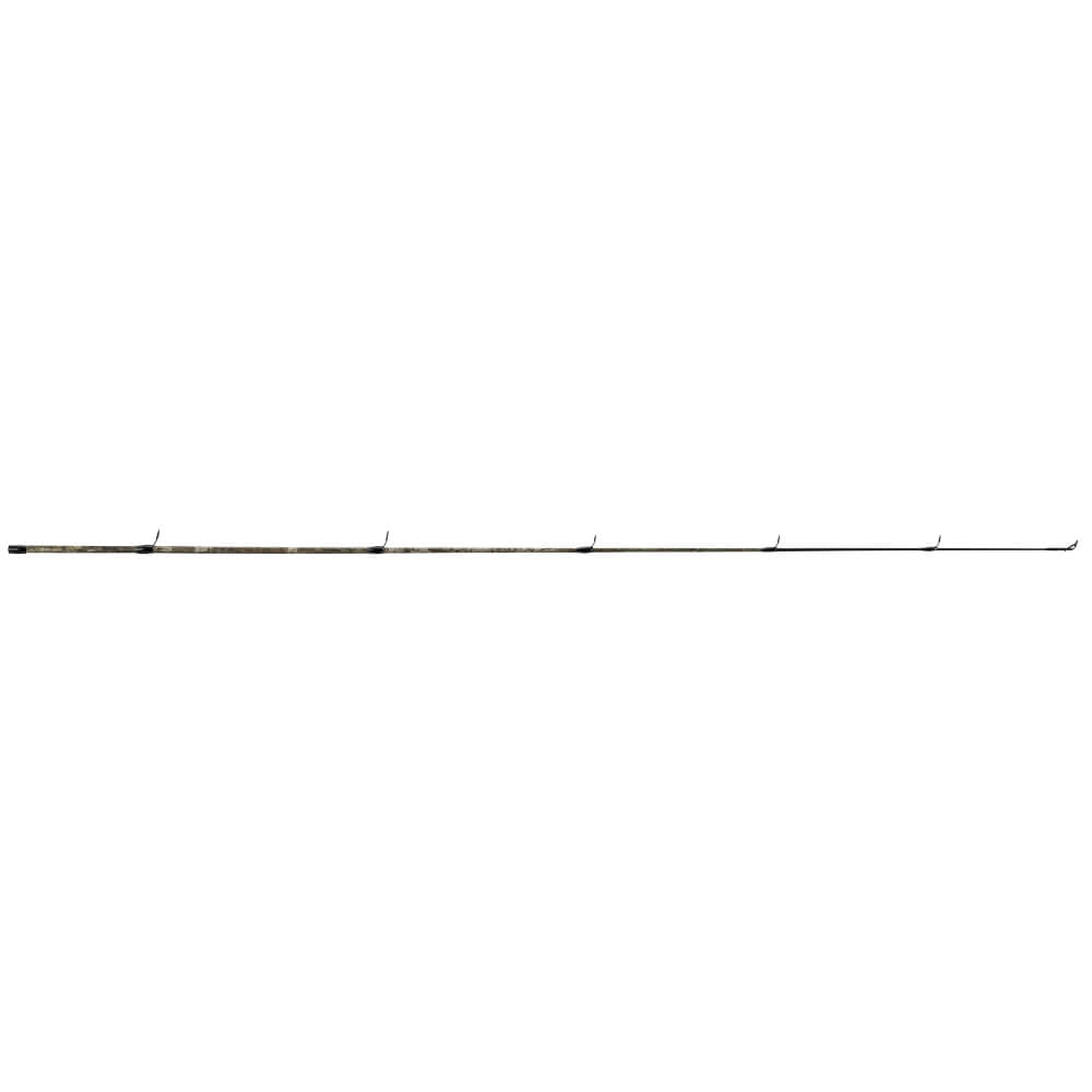 2-piece TruTimber camo spincast fishing rod, full-length profile showing guides