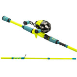Neon yellow and teal fishing rod with closed-face reel, hi‑vis color combo
