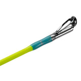 Fishing rod tip with chrome guide, teal thread wrap and hi‑viz yellow blank