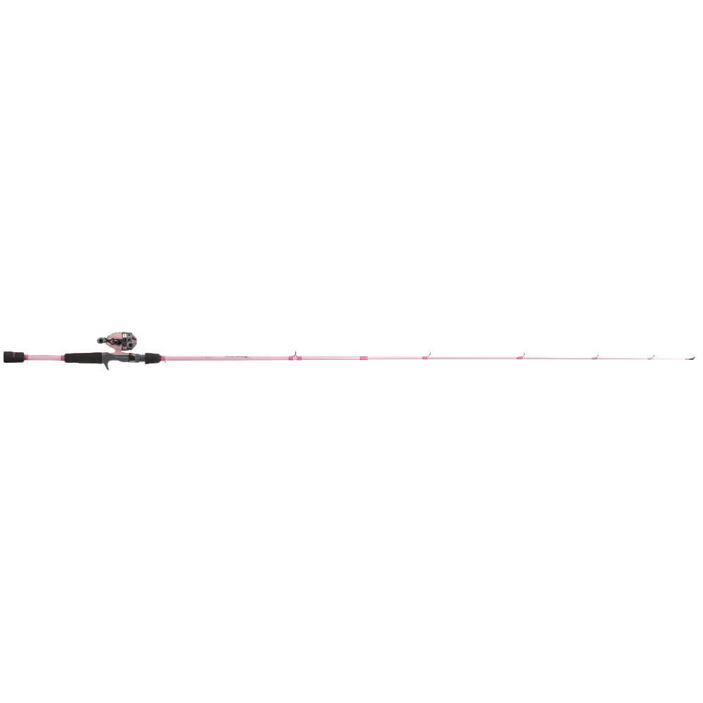 Pink Profishiency spincast fishing rod with reel, full-length side view on white background