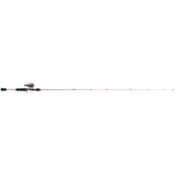 Pink Profishiency spincast fishing rod with reel, full-length side view on white background