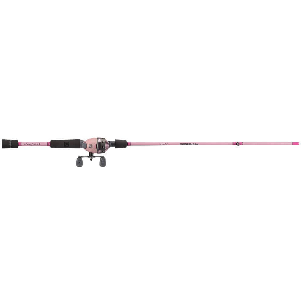 Pink spincast fishing rod and reel labeled PROFISHIENCY with split EVA handles
